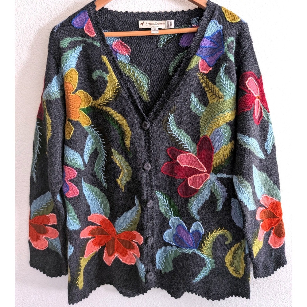 Peruvian Perfection Alpaca Blend Floral Cardigan Sweater Size M Hand Knit Gray